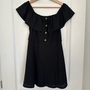 Casual Black Off-Shoulder Eyelet Dress with Button Detail
